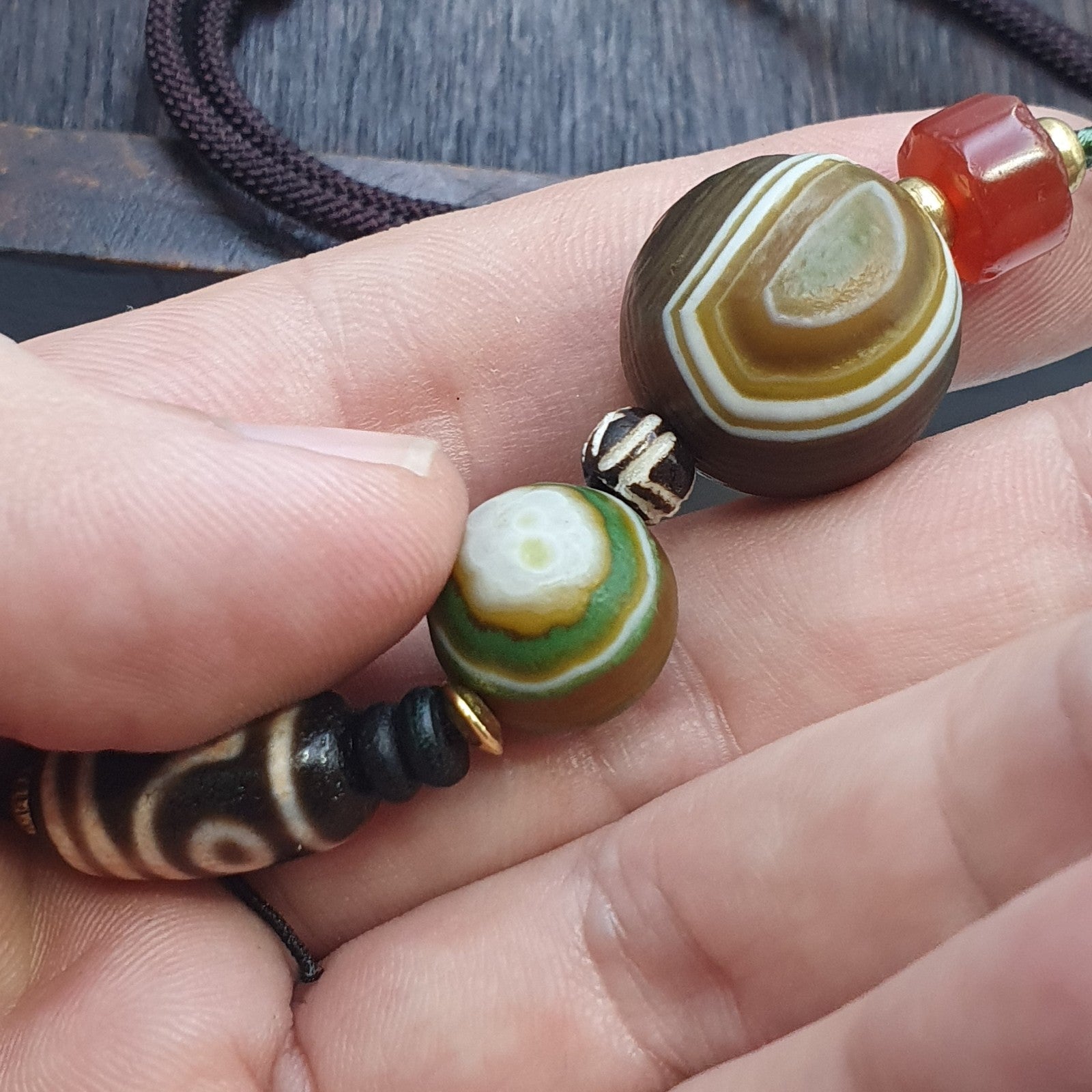 Natural Mongolia Gobi Eyes Agate & Tibetan Dzi Agate Carnelian Bead Necklace