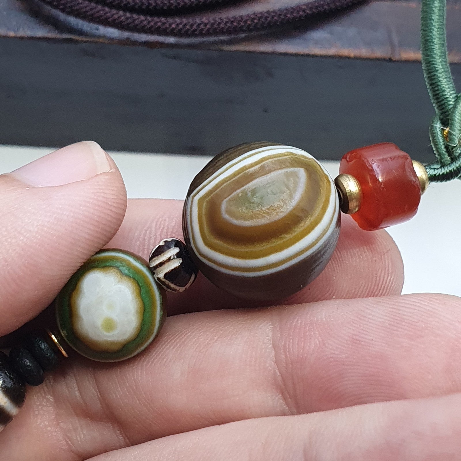 Natural Mongolia Gobi Eyes Agate & Tibetan Dzi Agate Carnelian Bead Necklace