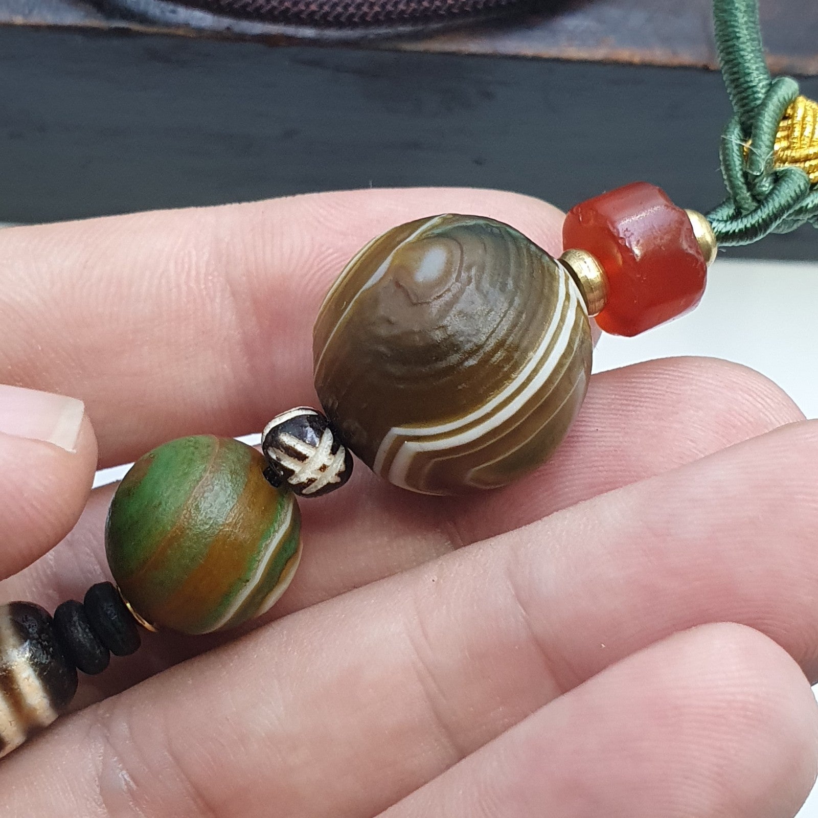 Natural Mongolia Gobi Eyes Agate & Tibetan Dzi Agate Carnelian Bead Necklace