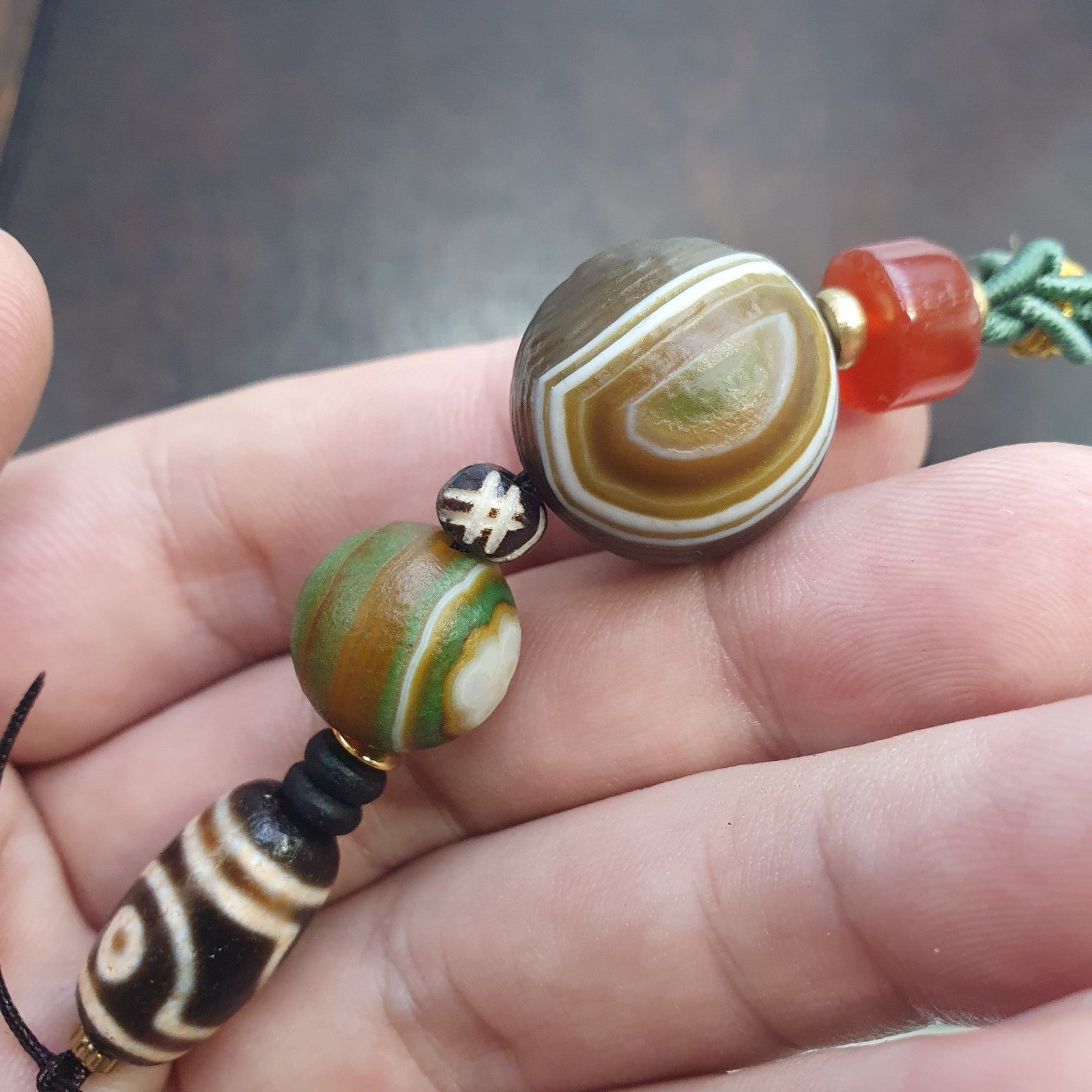 Natural Mongolia Gobi Eyes Agate & Tibetan Dzi Agate Carnelian Bead Necklace