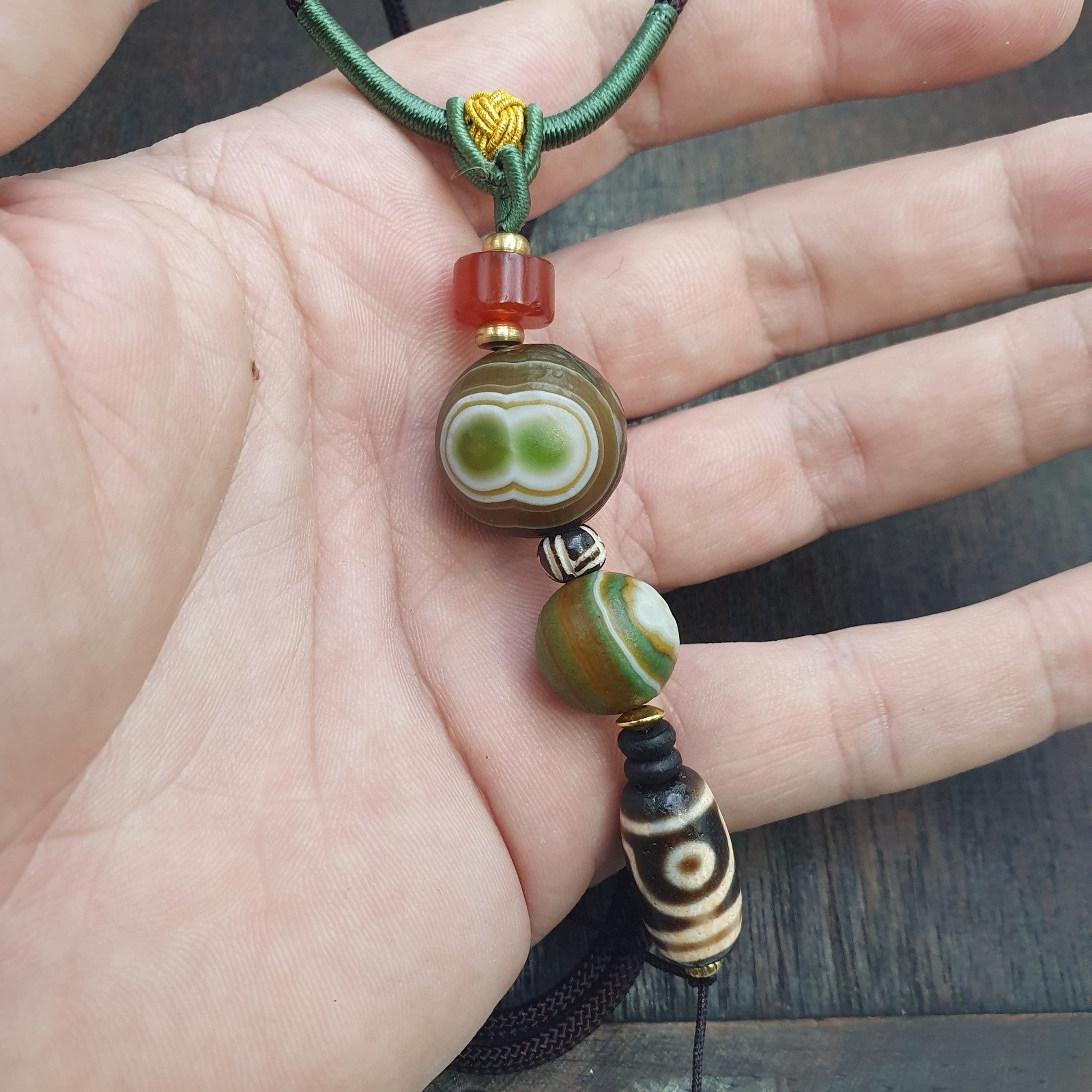 Natural Mongolia Gobi Eyes Agate & Tibetan Dzi Agate Carnelian Bead Necklace