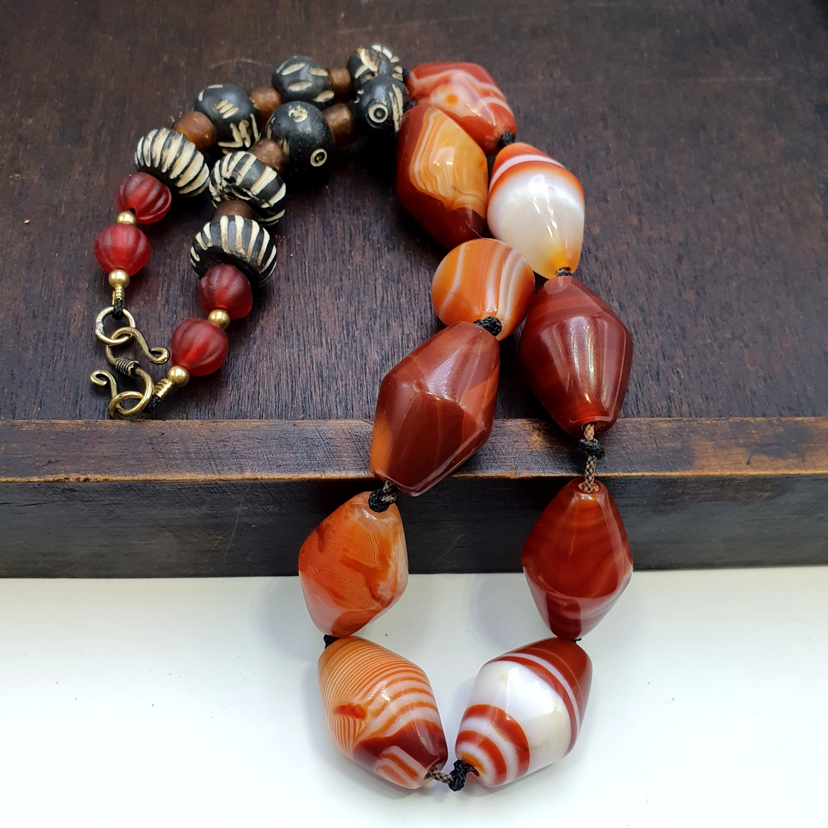 OLd Himalayan Tibetan red agate carnelian beads unique pattern necklace