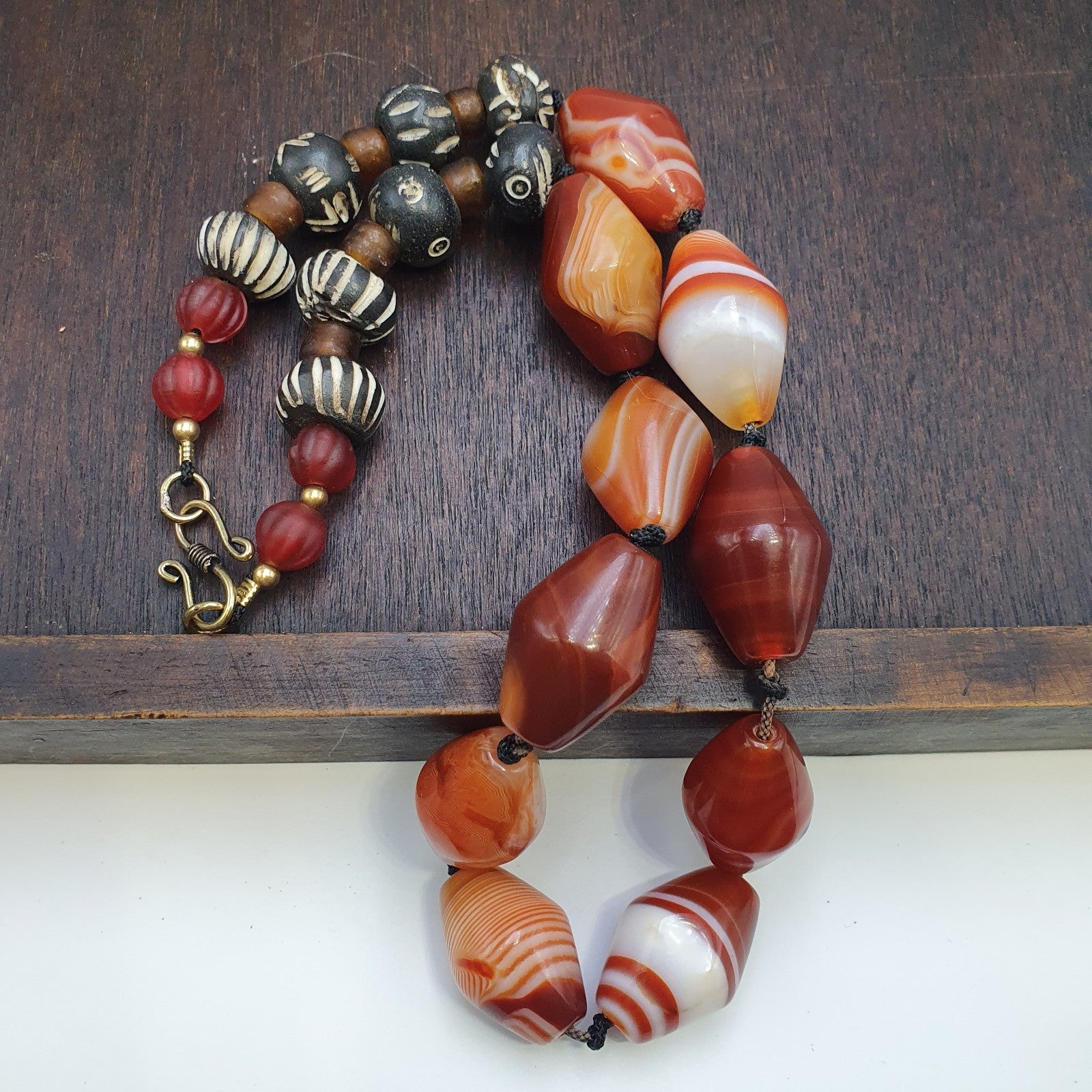 OLd Himalayan Tibetan red agate carnelian beads unique pattern necklace