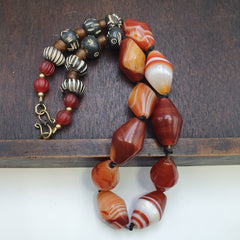 OLd Himalayan Tibetan red agate carnelian beads unique pattern necklace