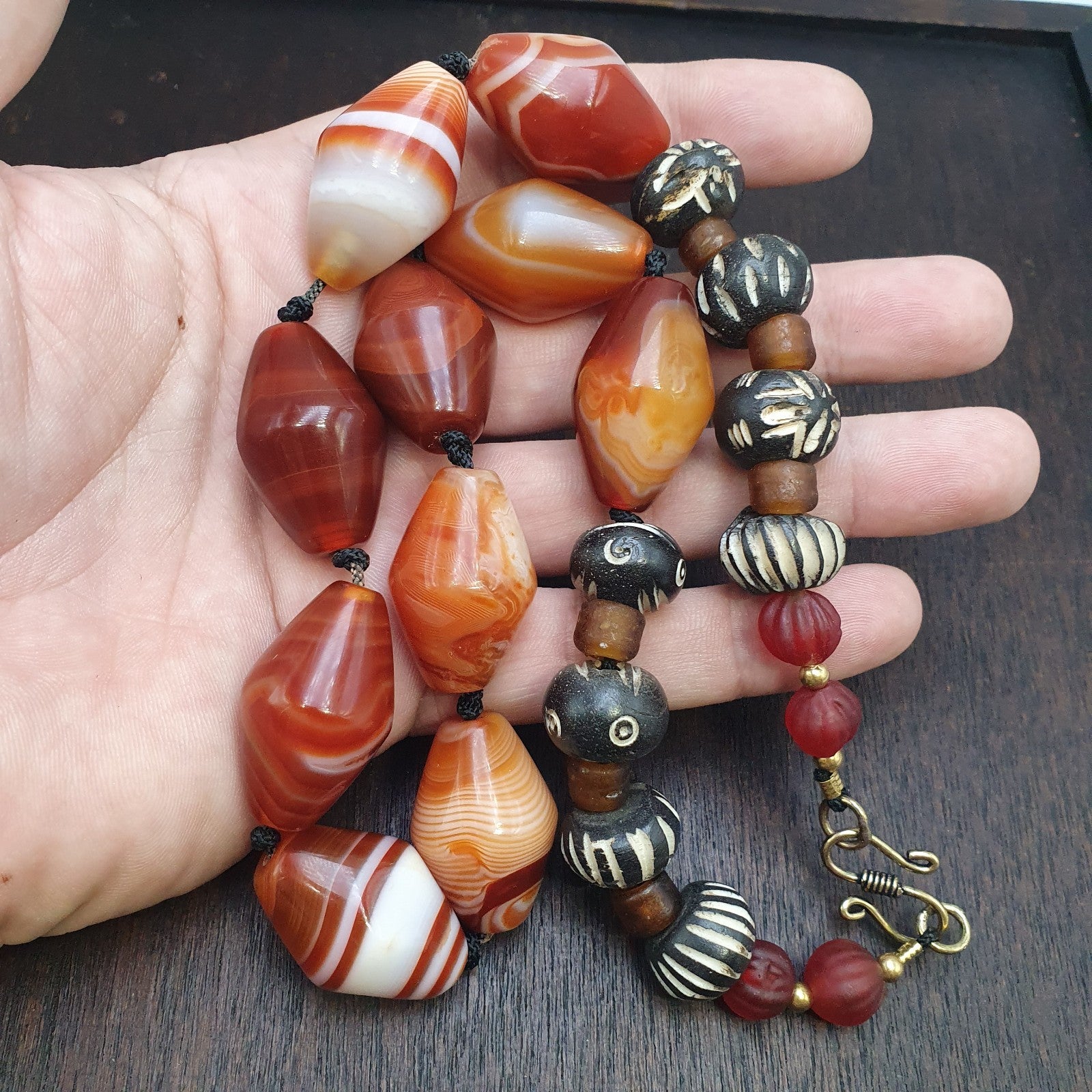 OLd Himalayan Tibetan red agate carnelian beads unique pattern necklace