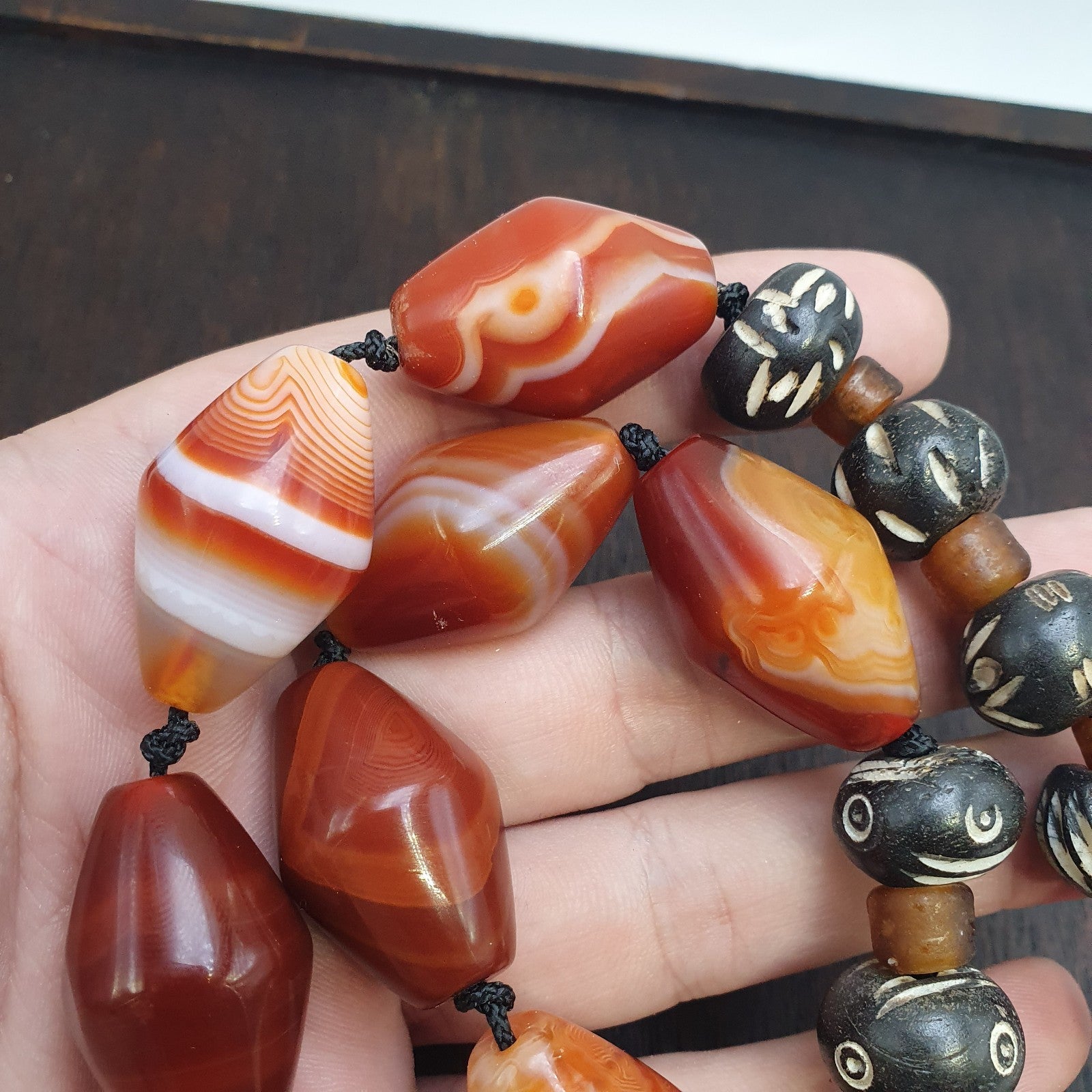 OLd Himalayan Tibetan red agate carnelian beads unique pattern necklace