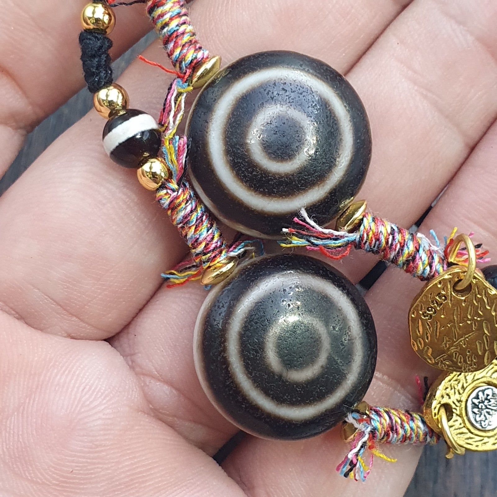 Tibetan tradition agate dzi beads Goat eyes Luk mik motifs spiritual bracelet