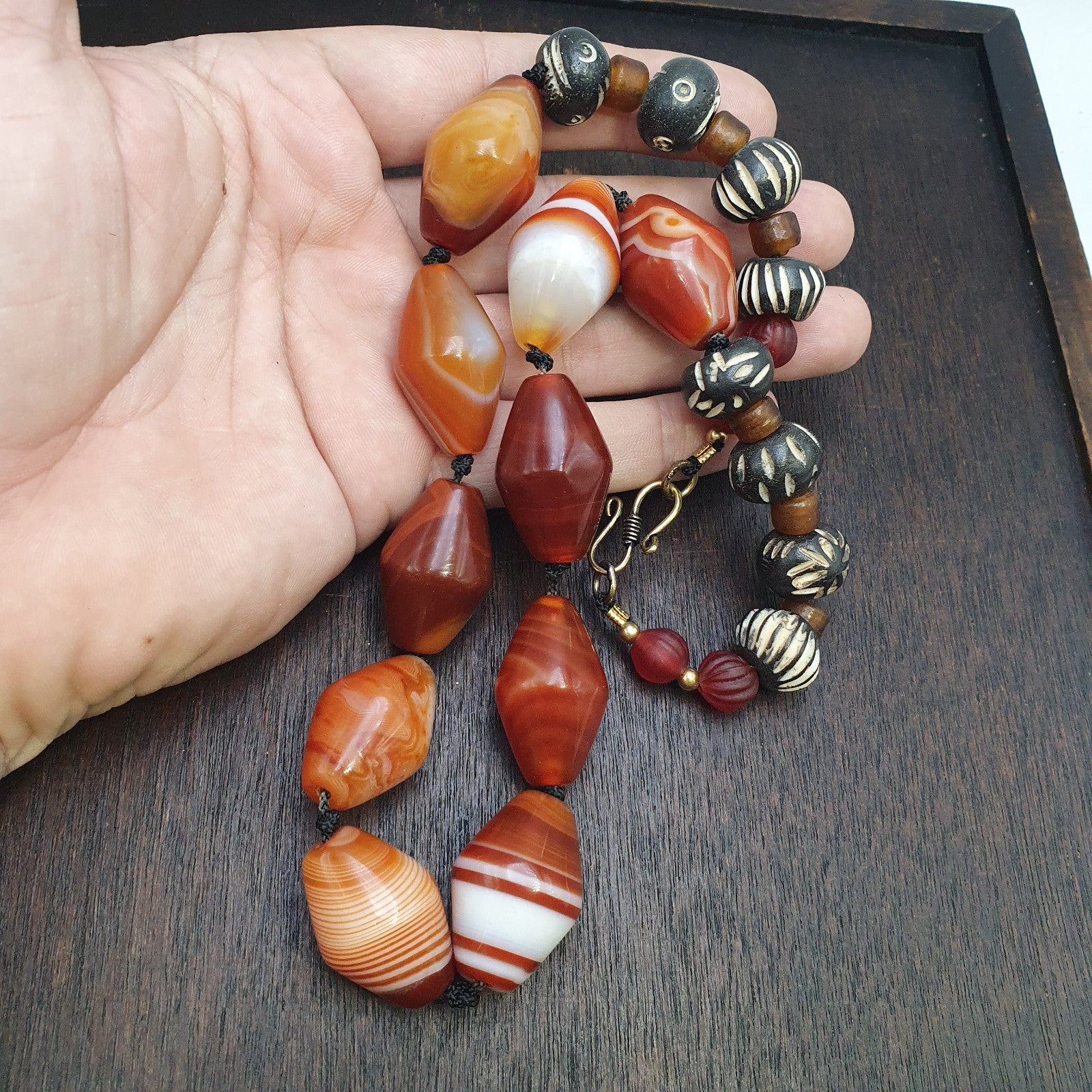 OLd Himalayan Tibetan red agate carnelian beads unique pattern necklace