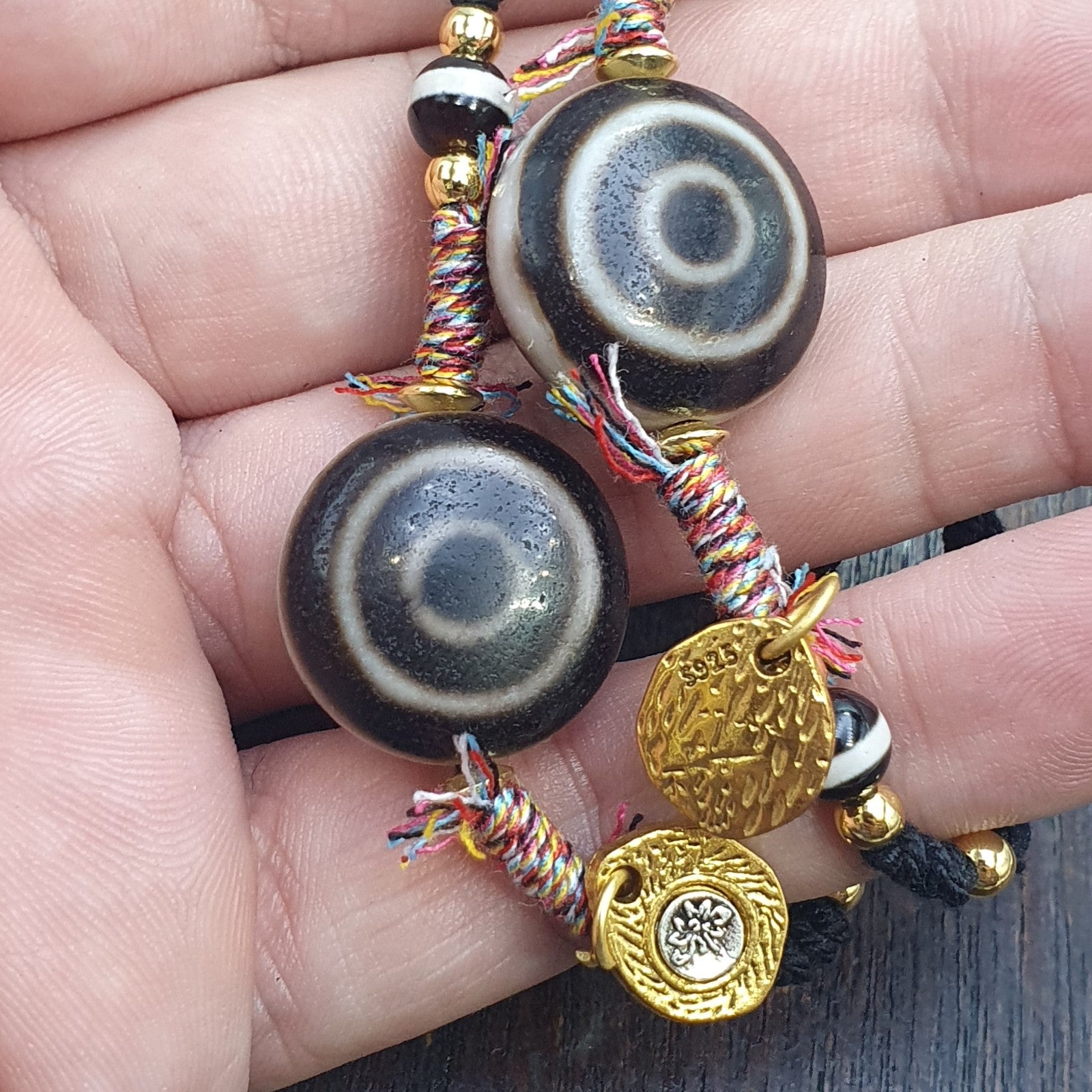 Tibetan tradition agate dzi beads Goat eyes Luk mik motifs spiritual bracelet