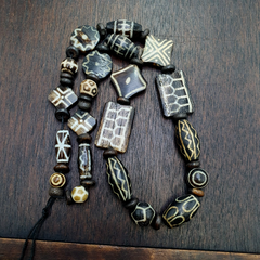 Lot Dzi pattern asian burmese old pumtek petrified wood stone beads Strand