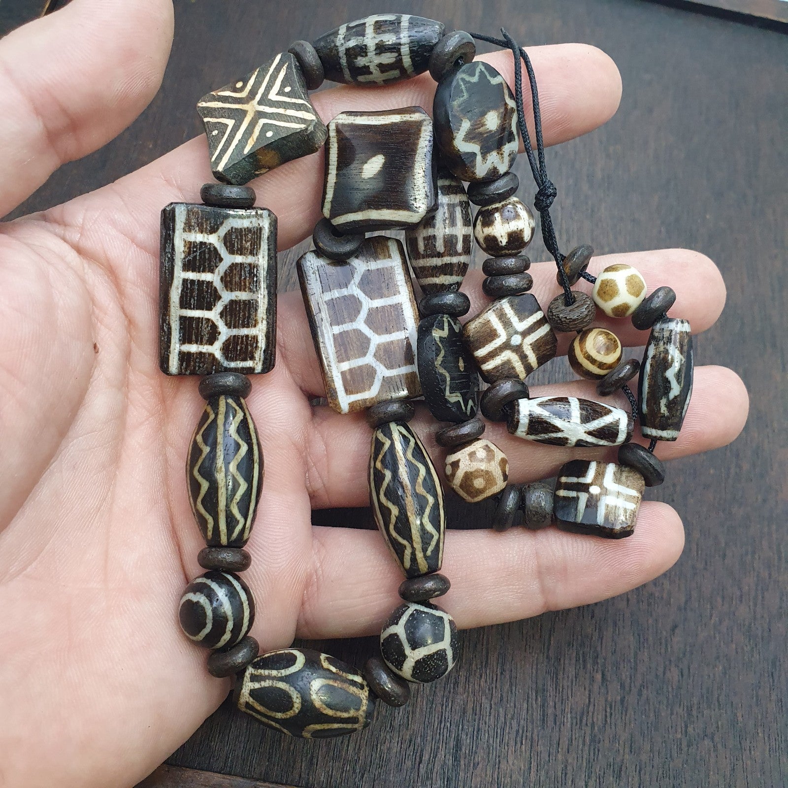 Lot Dzi pattern asian burmese old pumtek petrified wood stone beads Strand