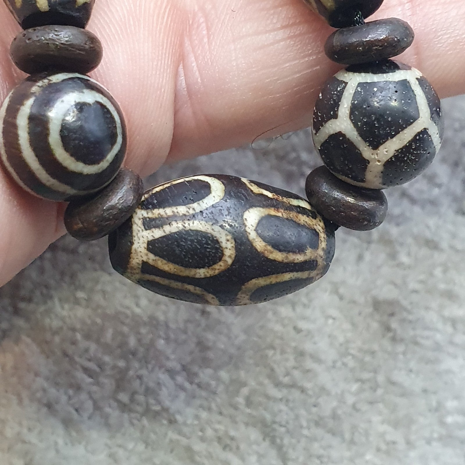 Lot Dzi pattern asian burmese old pumtek petrified wood stone beads Strand