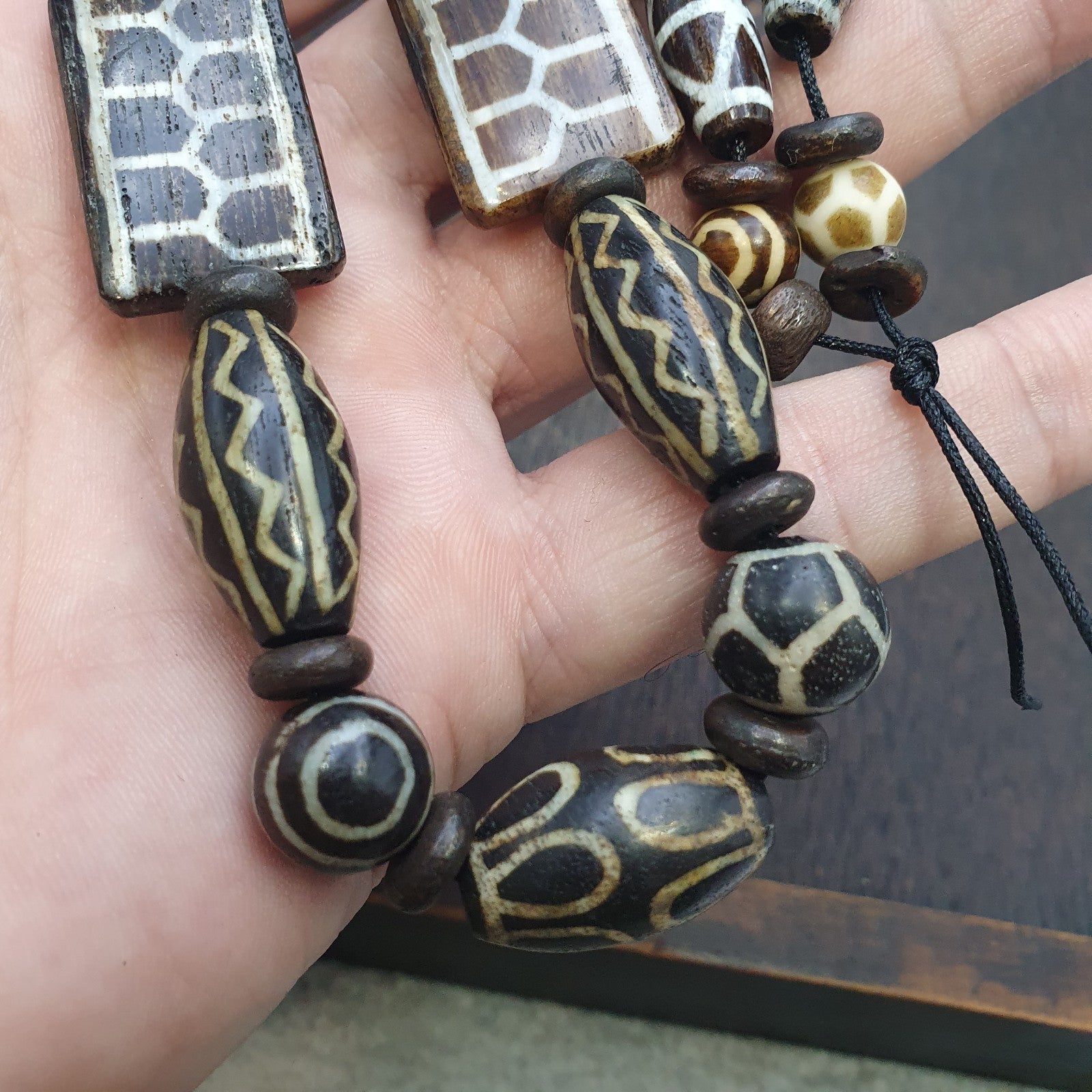 Lot Dzi pattern asian burmese old pumtek petrified wood stone beads Strand