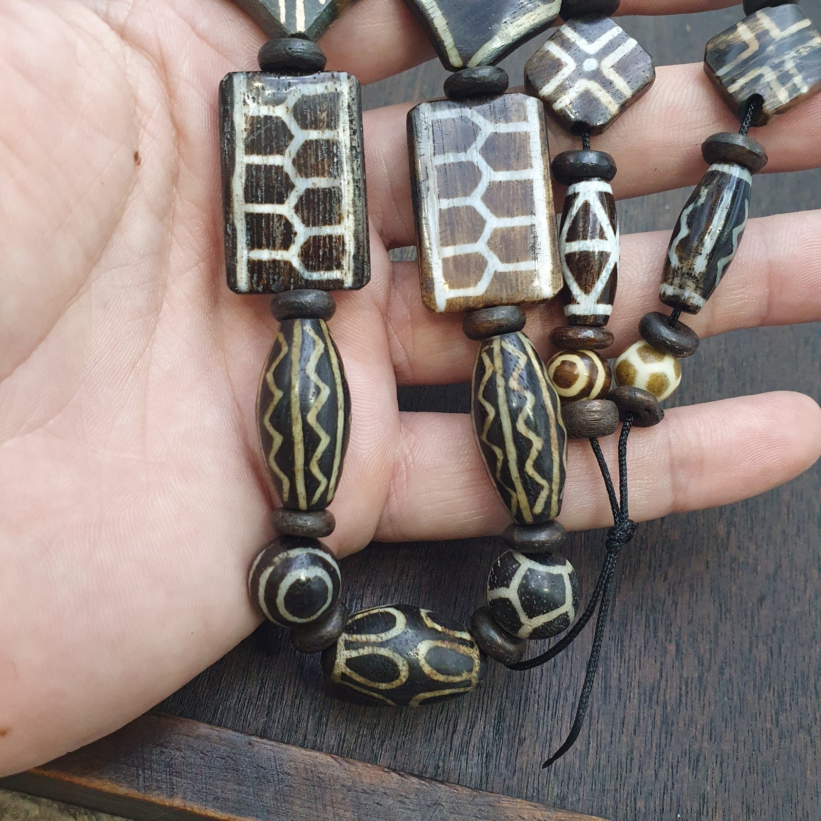 Lot Dzi pattern asian burmese old pumtek petrified wood stone beads Strand