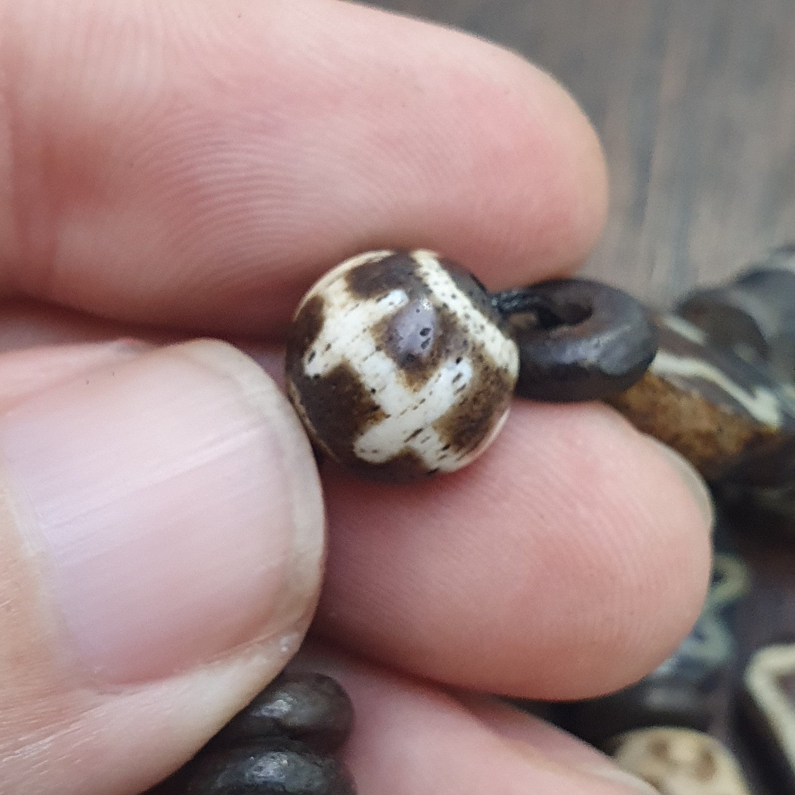 Lot Dzi pattern asian burmese old pumtek petrified wood stone beads Strand