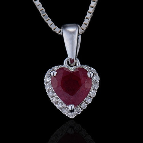 LOVERJEWELRY Young Girls Pendant Solid 18K White Gold Diamond Red Ruby Heart Pendants Necklace without Necklace Chain