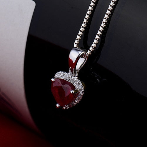 LOVERJEWELRY Young Girls Pendant Solid 18K White Gold Diamond Red Ruby Heart Pendants Necklace without Necklace Chain