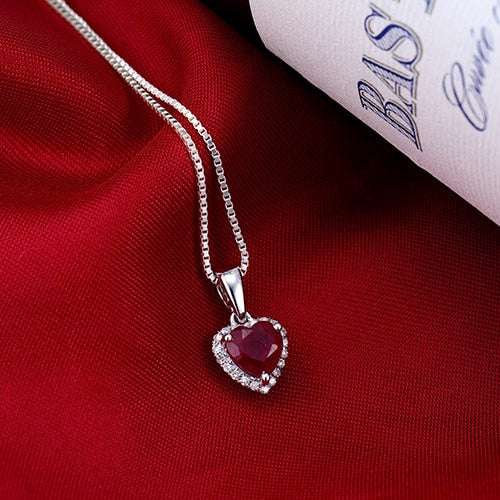 LOVERJEWELRY Young Girls Pendant Solid 18K White Gold Diamond Red Ruby Heart Pendants Necklace without Necklace Chain