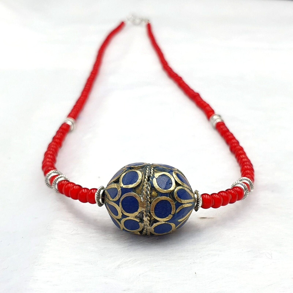 Vintage Afghan Brass Bead Necklace: Venetian White Heart Trade Beads