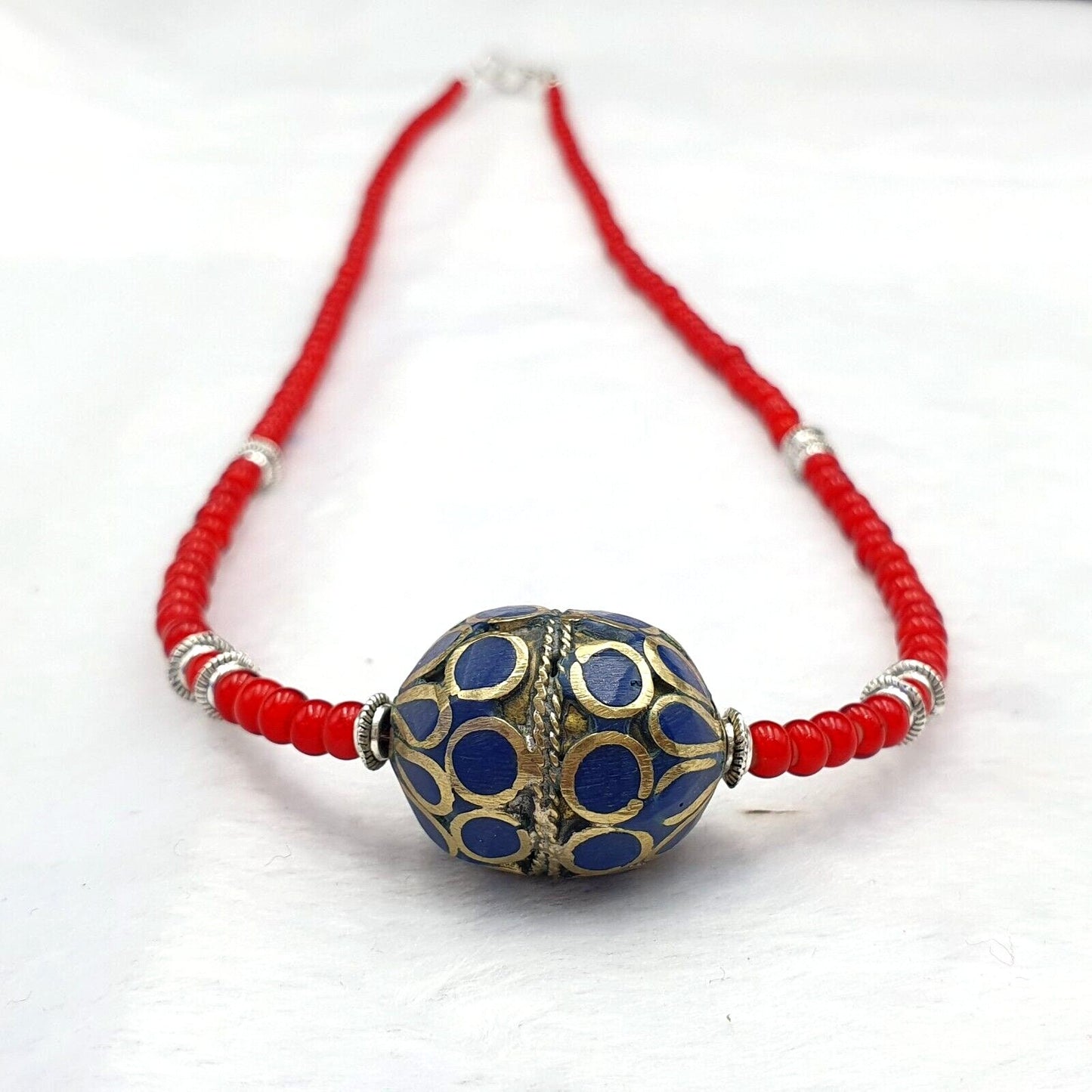Vintage Afghan Brass Bead Necklace: Venetian White Heart Trade Beads