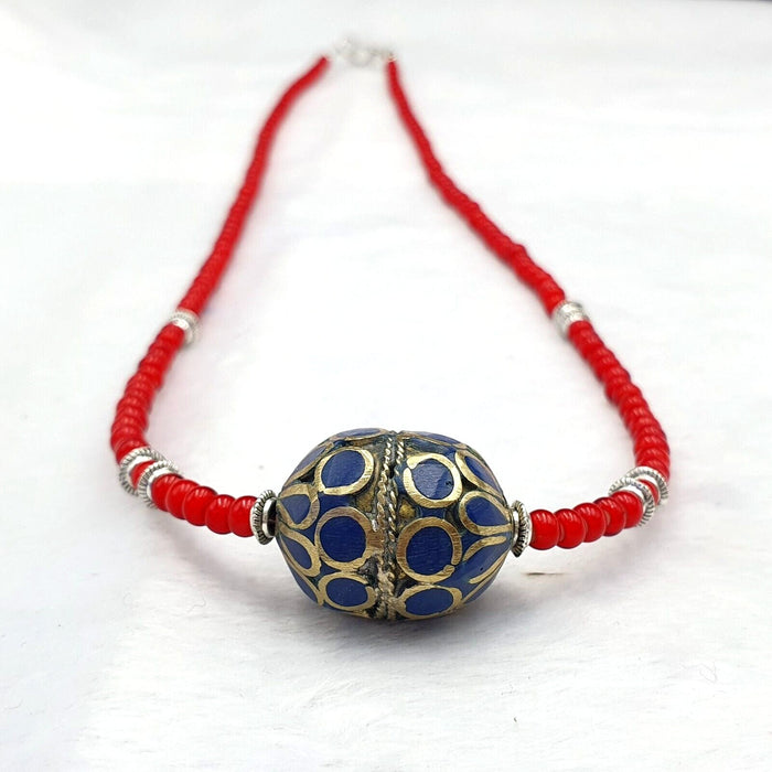 Vintage Afghan Brass Bead Necklace: Venetian White Heart Trade Beads