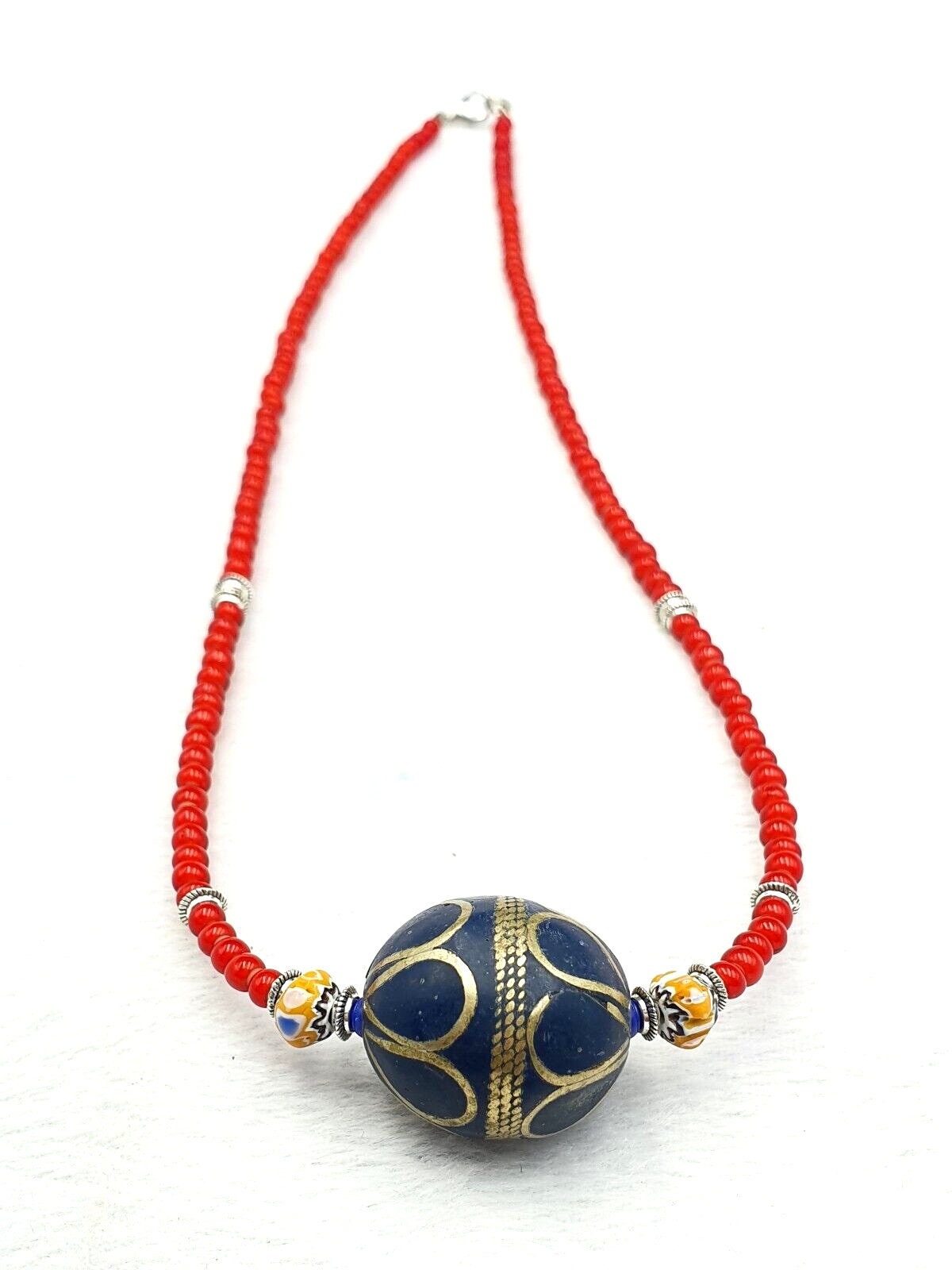 Vintage Venetian White Heart Trade Bead Necklace: Afghan Brass Accent