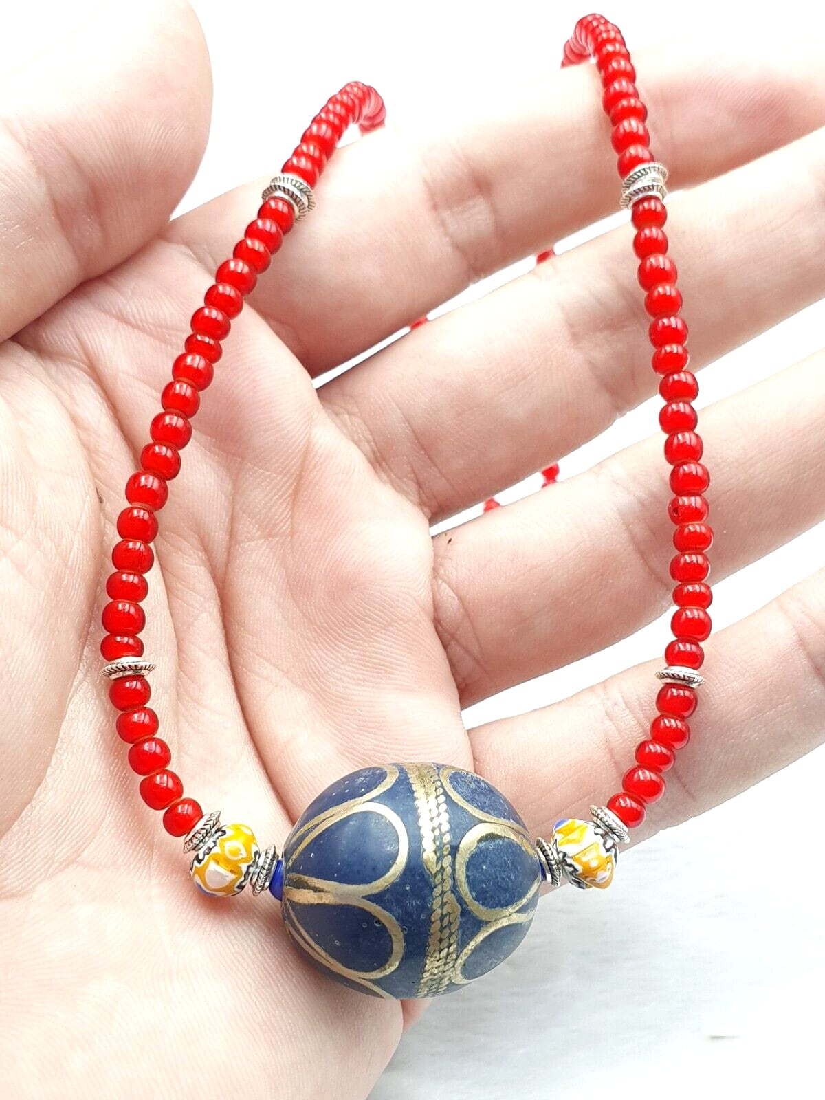 Vintage Venetian White Heart Trade Bead Necklace: Afghan Brass Accent