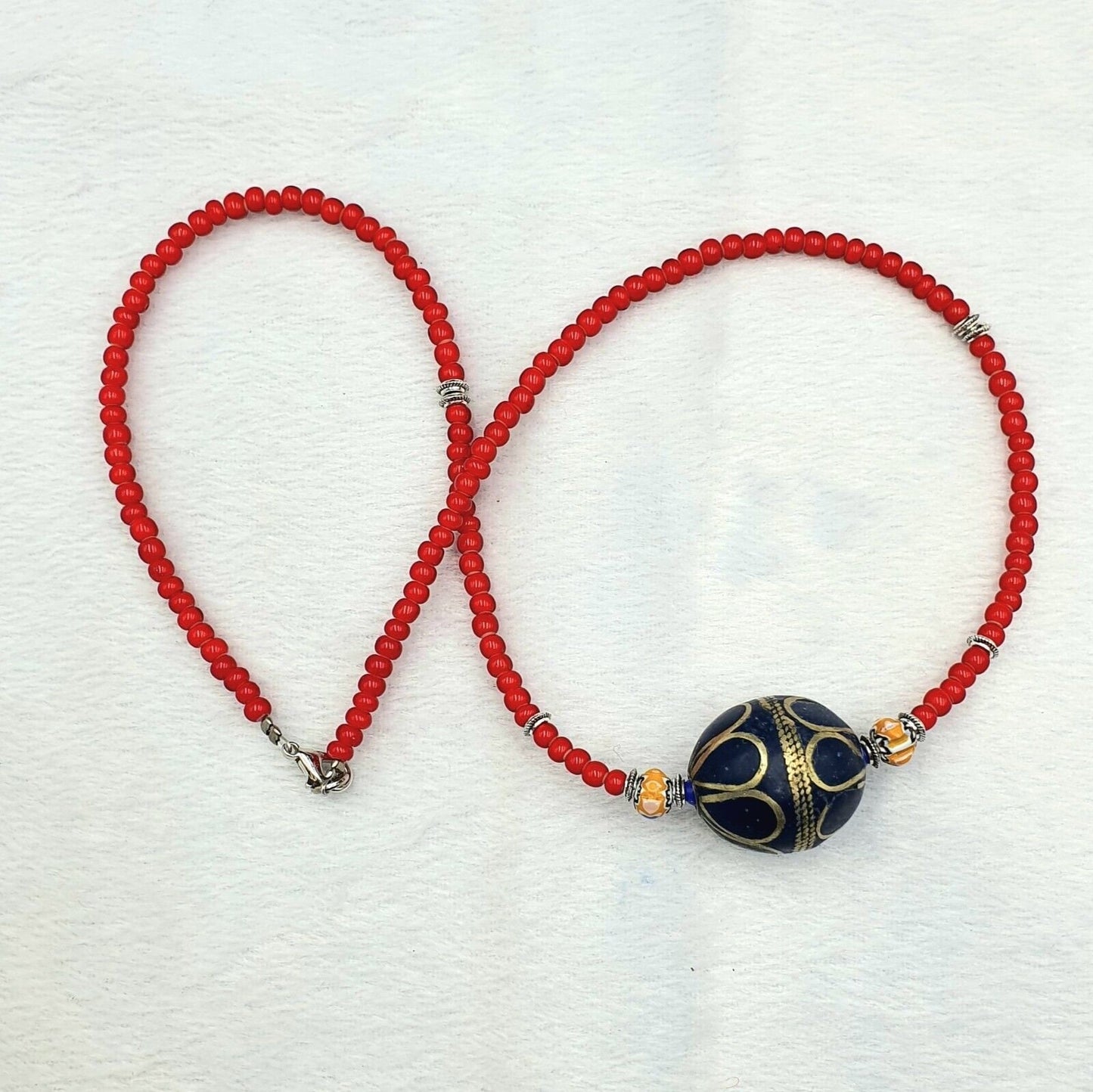Vintage Venetian White Heart Trade Bead Necklace: Afghan Brass Accent