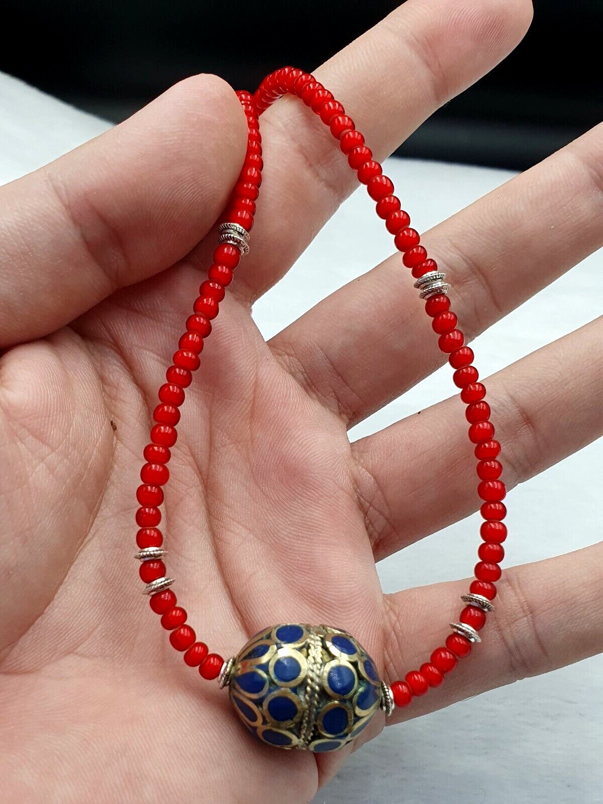 Vintage Afghan Brass Bead Necklace: Venetian White Heart Trade Beads