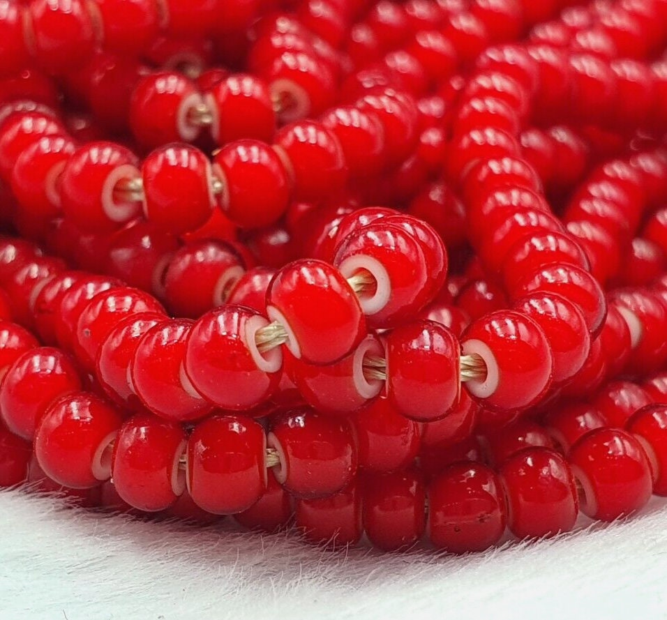 20 Strands Antique, Venetian Red White Heart Beads | Glass Seed Trade, Turn Of The Century, 2Mm