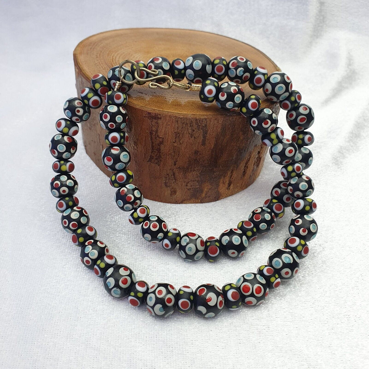 Black Venetian Hundred Eyes Red Skunk Style Beads necklace10-11.5mm & 20" Long