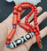 Vintage 7 eye Indo-Tibetan dzi mala necklace with red white heart beads – photo 1 of 5