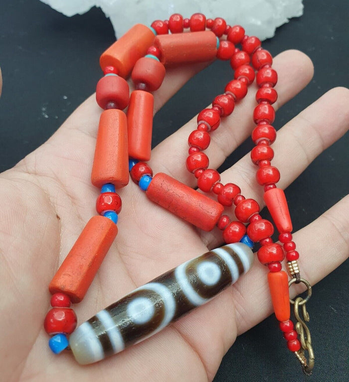 Himalayan Indo Tibetan 7 Eyes Dzi with Antique Venetian Glass Amulet Necklace
