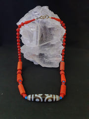Vintage 7 eye Indo-Tibetan dzi mala necklace with red white heart beads – photo 5 of 5