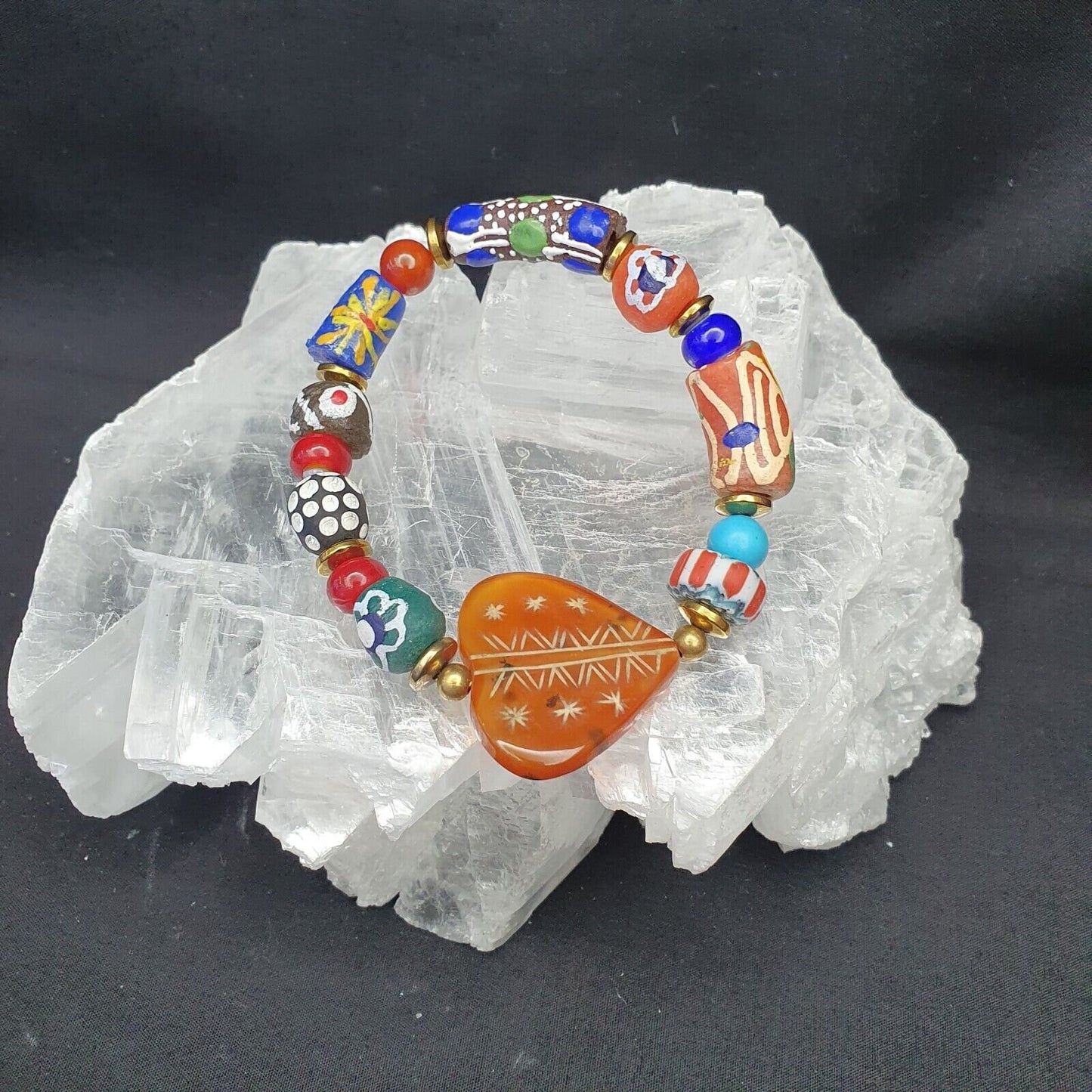 Vintage african glass beads with heart shape carved carnelian braceletGift