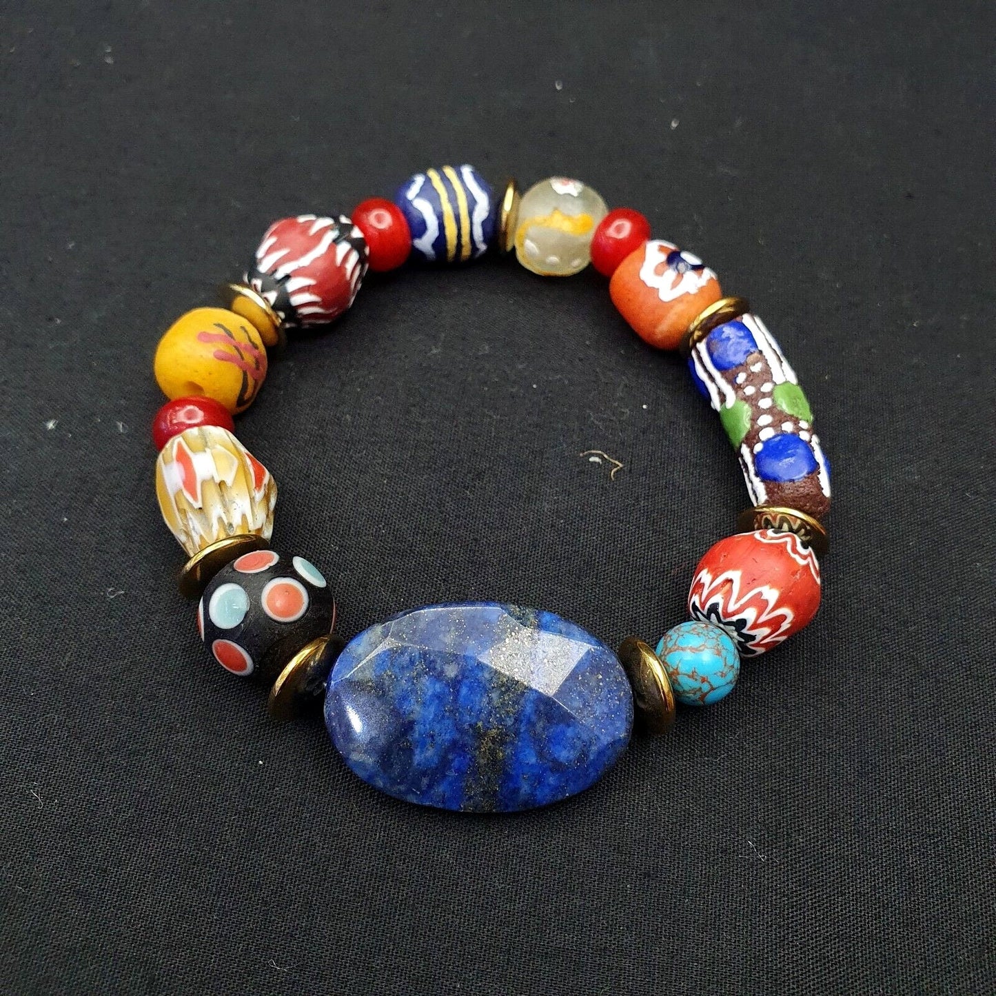 Vintage Chevron African Glass Bead Bracelet: Natural Lapis Lazuli