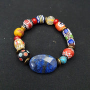 East Oasis Vintage Chevron African Glass Bead Bracelet - Natural Lapis Lazuli Accents