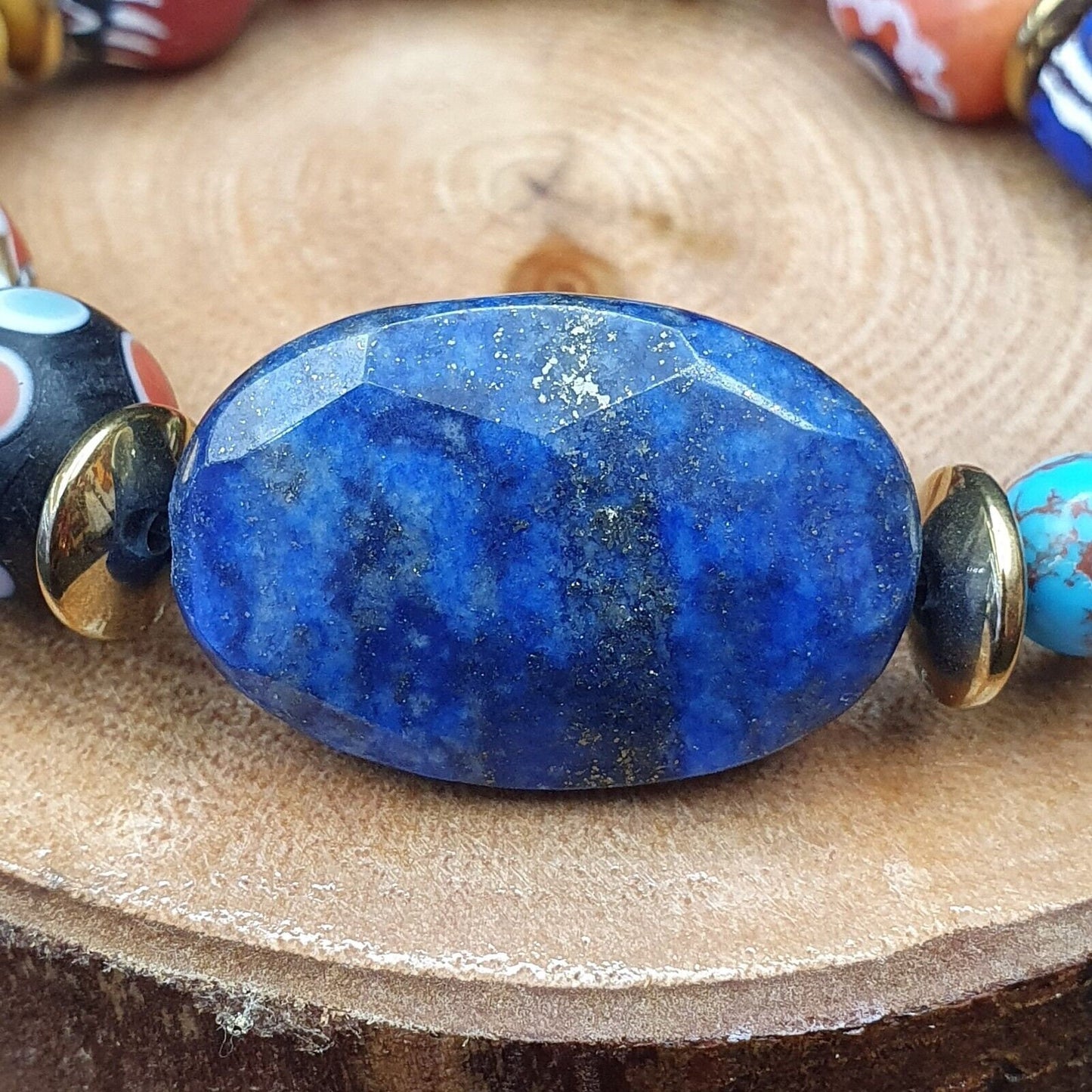 Vintage Chevron African Glass Bead Bracelet: Natural Lapis Lazuli