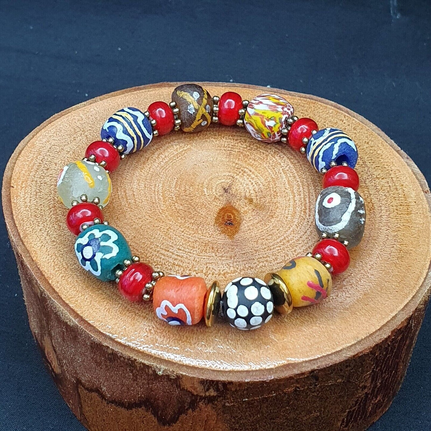Vintage african hand painted glass beads with white heart beads braceletGift