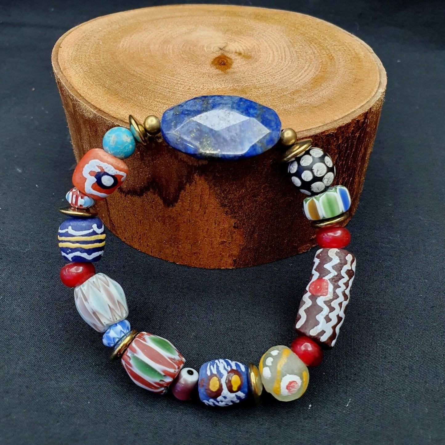 Vintage african beads collection glass beads with natural lapis lazuli braceletGift