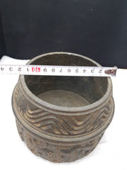 Ancient bactrian chlorite black stone vase mystical figures engraved 12"x11"