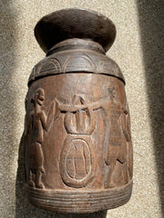 Antique 1700's wooden mortar hand carved primitive jug vase with human figures