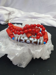 Vintage 7 eye Indo-Tibetan dzi mala necklace with red white heart beads – photo 3 of 5