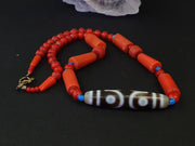 Himalayan indo tibetan 7 eyes dzi with antique venetian glass amulet necklace