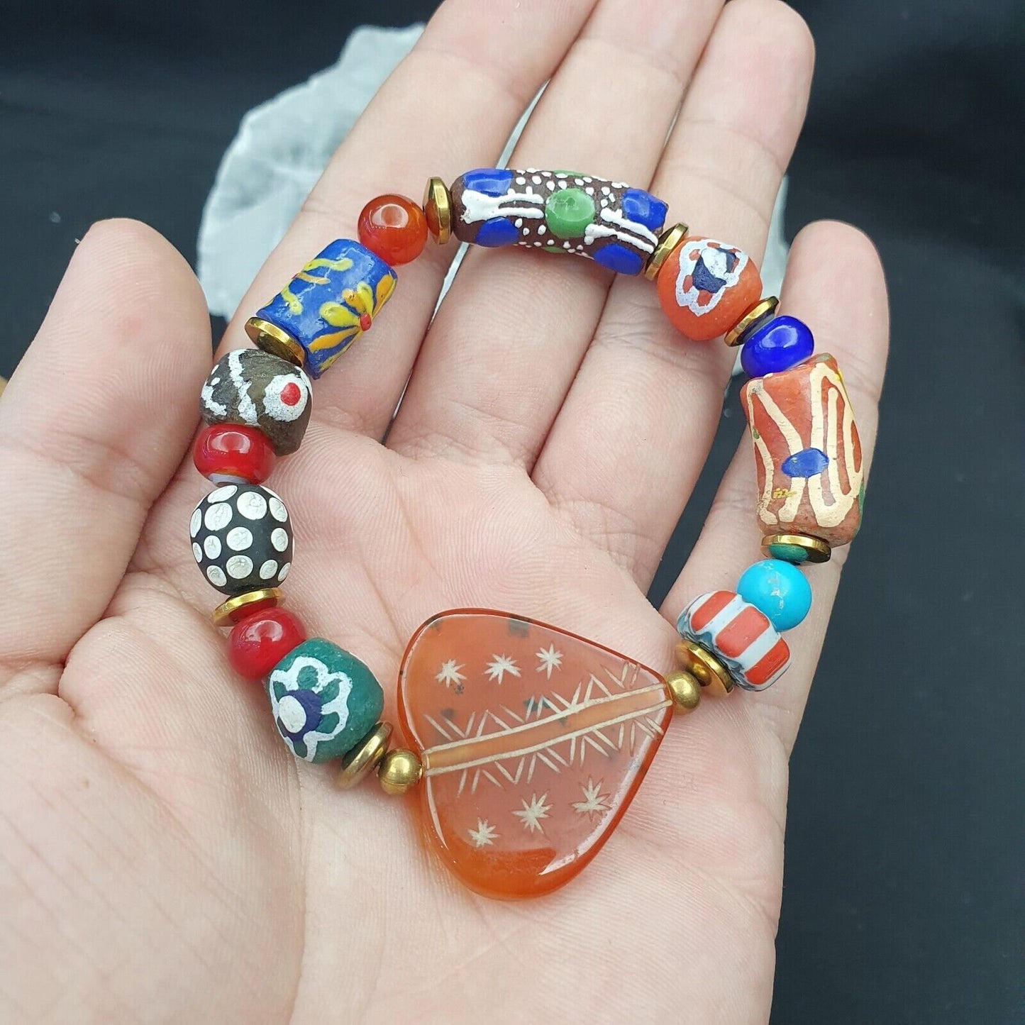 Vintage african glass beads with heart shape carved carnelian braceletGift