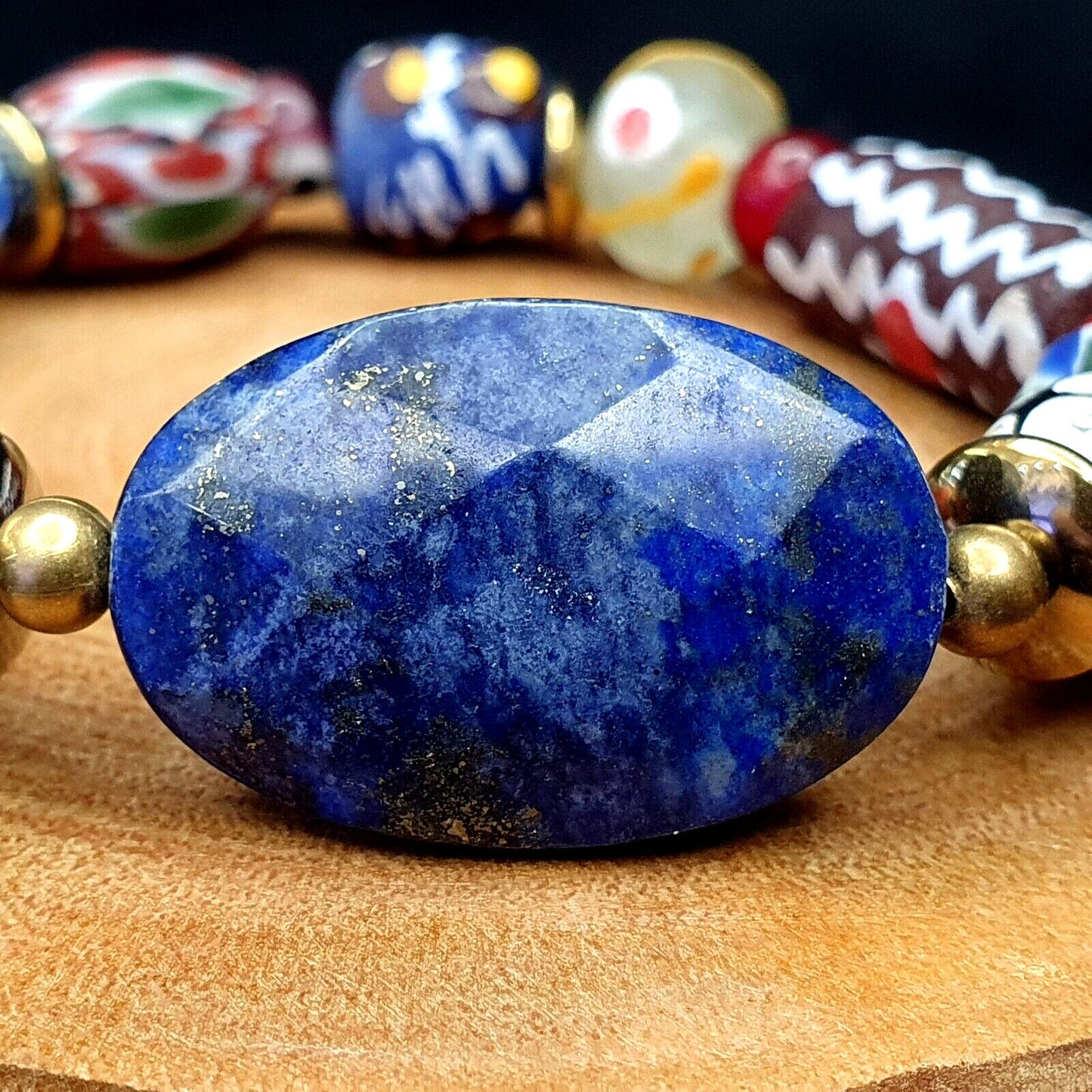 Vintage african beads collection glass beads with natural lapis lazuli braceletGift