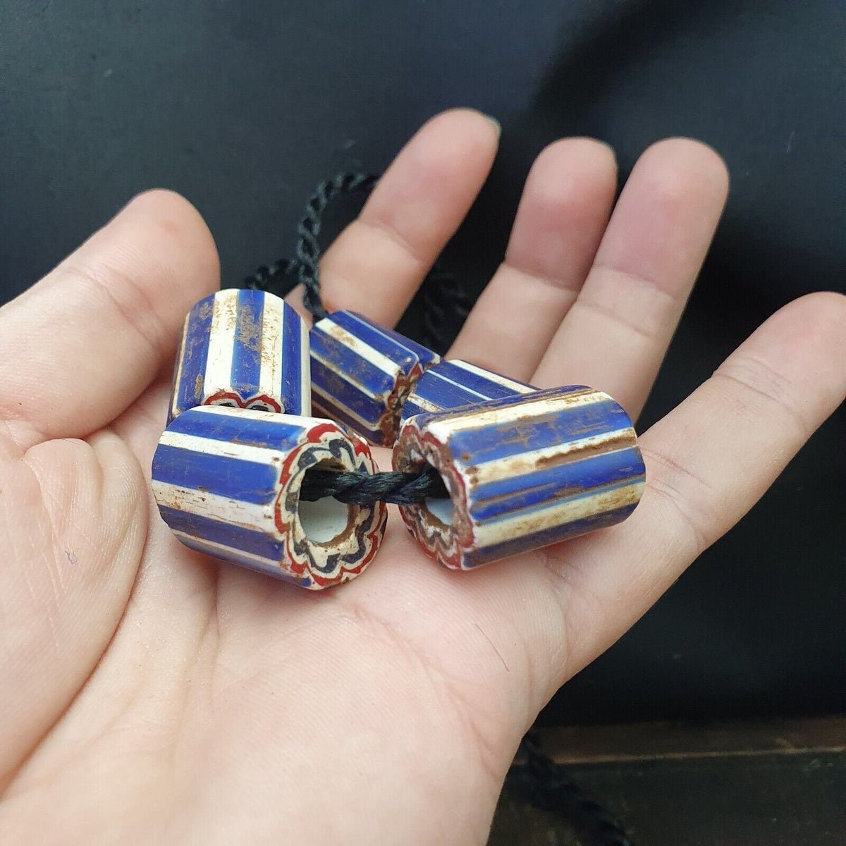 5 Antique Venetian Trade African Blue Glass Chevron Beads Big Hole Beads