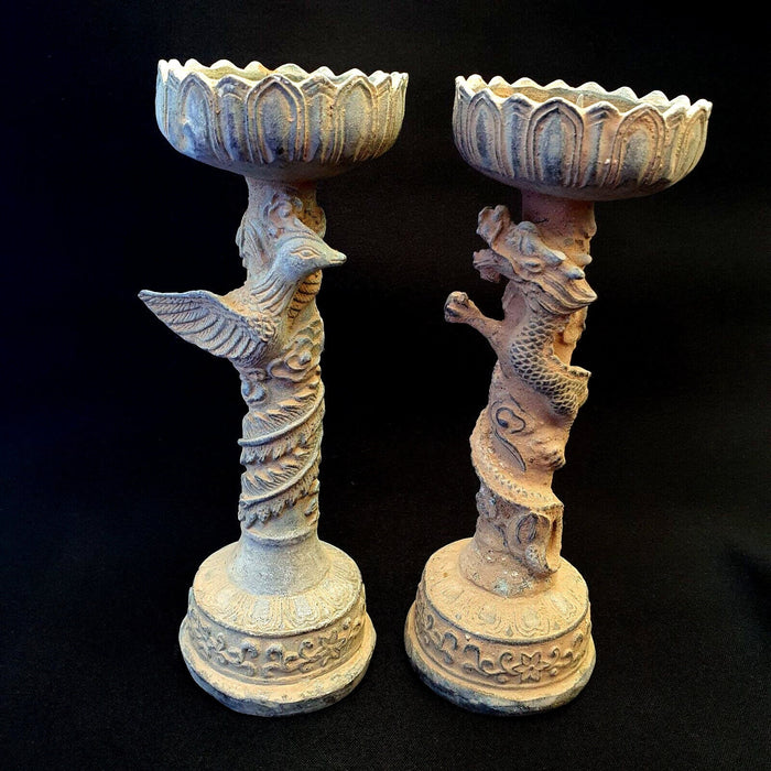 East Oasis Antique Bronze Candlestick Holders Pair - Dragon and Bird Figural Set