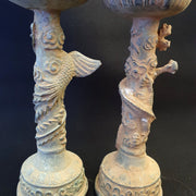 Pair of antique bronze figural candle stick holders dragon and bird figurine