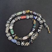 Venetian Black Beads, Antique Italian Lampwork Strand - White Feather Accent, African Trade Glass, Vintage